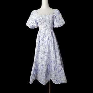 💦  XS/S，white & light blue floral pattern 100% cotton midi dress
